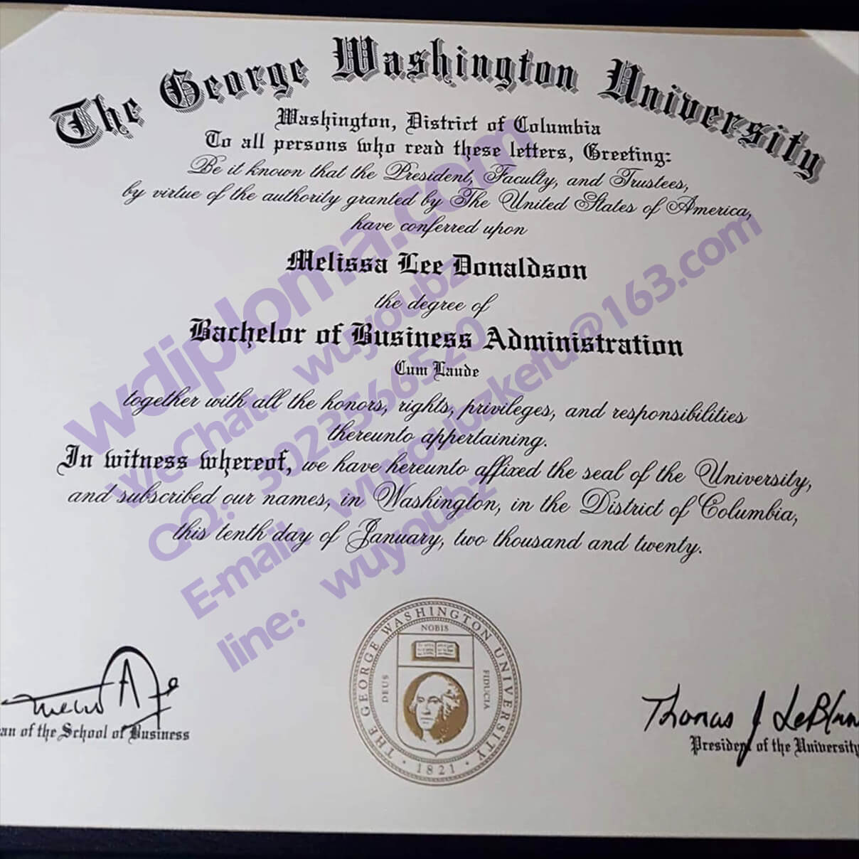 fake University of Washington graduation certificate